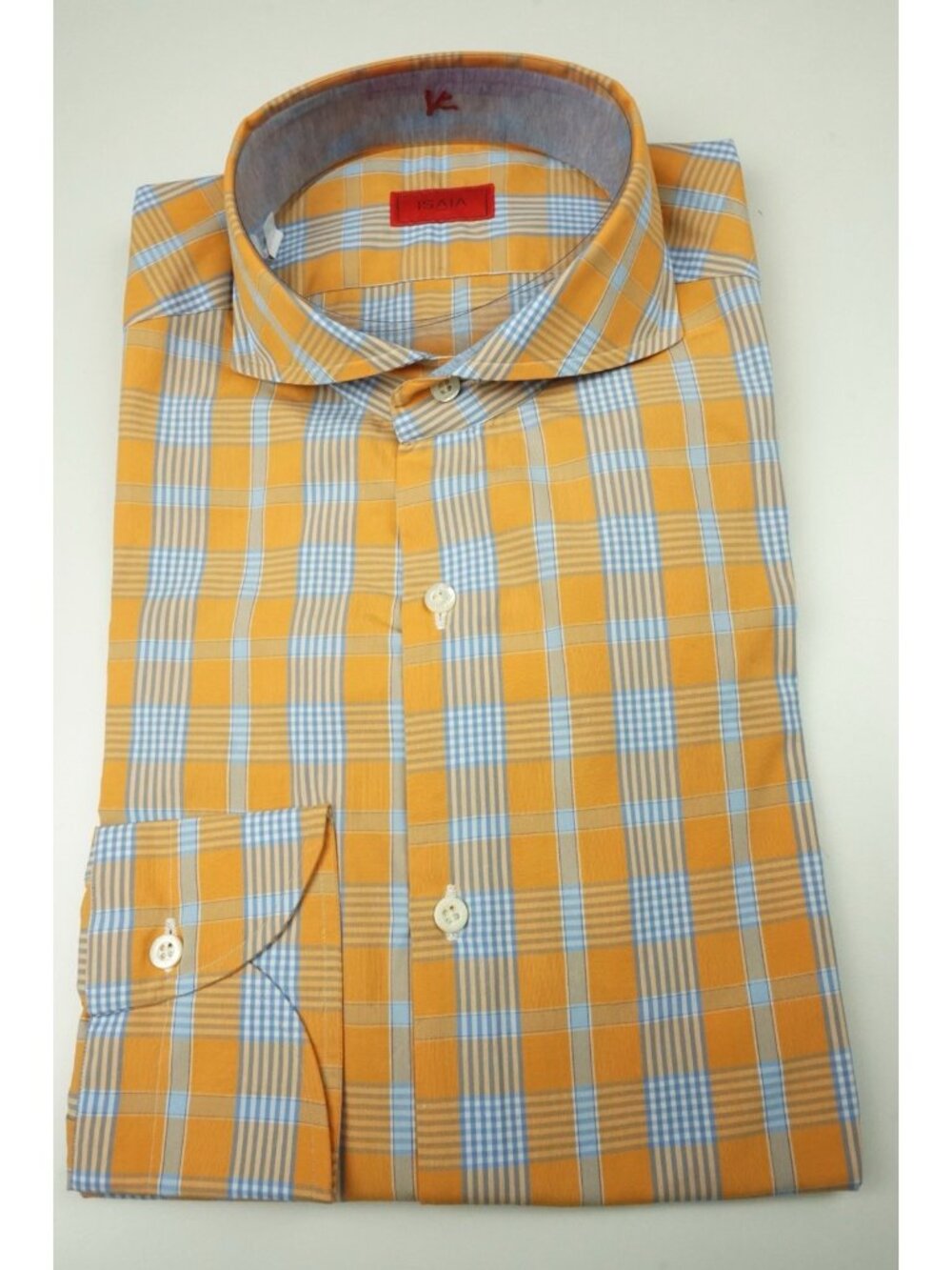 Isaia Tangerine Sky Blue Plaid Long Sleeve Cotton Dress Shirt 15.5/39 NEW